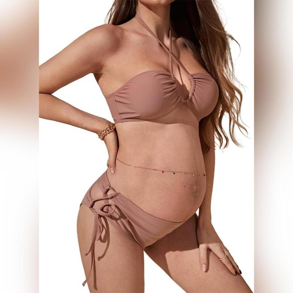 NWT OYOANGLE Maternity 2 Piece Halter Top & Tie Side Bottoms Swimsuit, XL